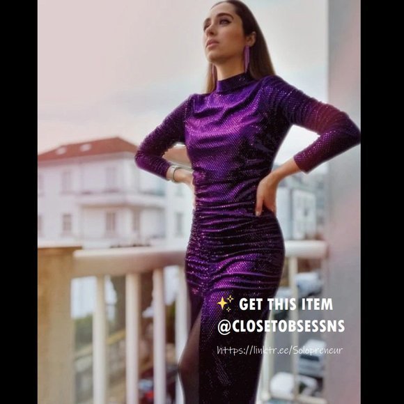 NWT ZARA Sparkly Purple Midi Long Sleeve Dress w Slit & Ruching keyhole back - Picture 12 of 17